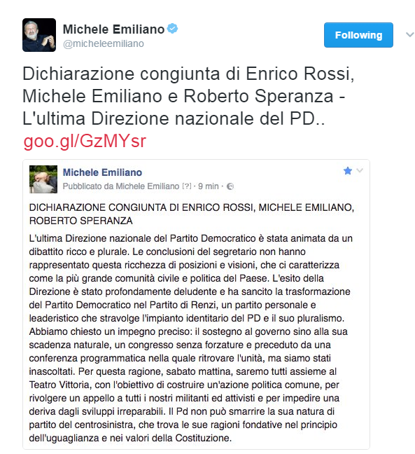 Il tweet di Emiliano
